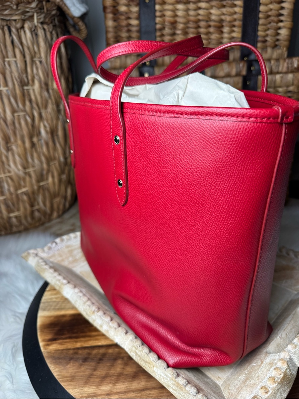 Coach Red Leather Tote with Gold Logo and Hangtag - Picture 3 of 6
